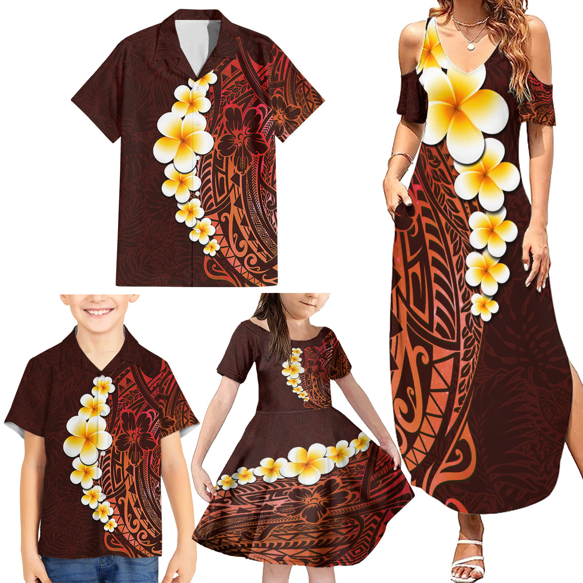 Red Tropical Plumeria With Galaxy Polynesian Art Family Matching Summer Maxi Dress and Hawaiian Shirt - Wonder Print Shop
