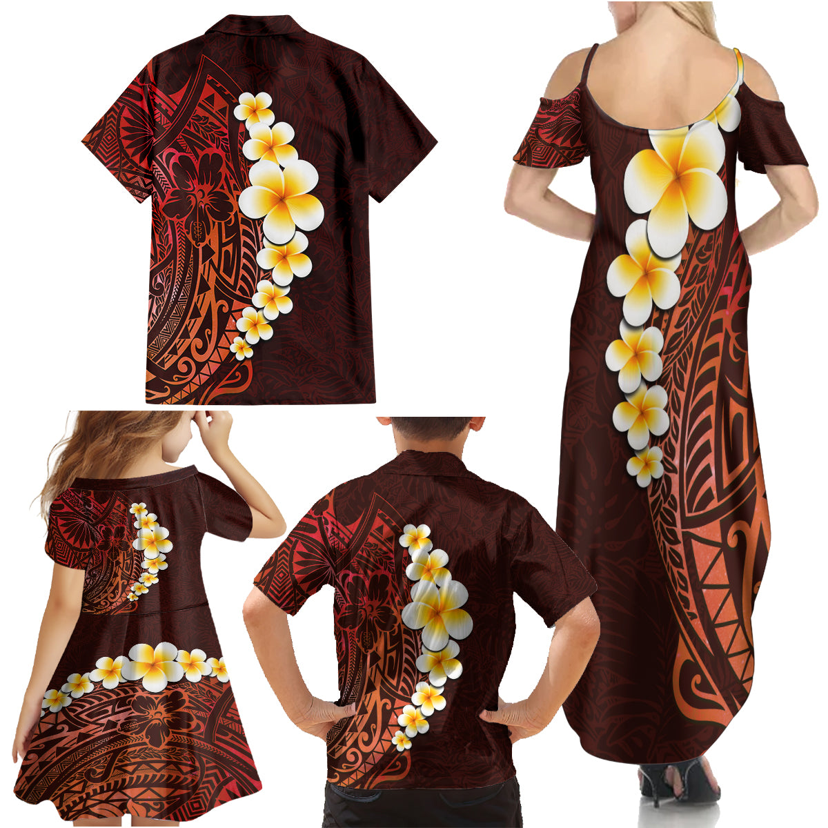 Red Tropical Plumeria With Galaxy Polynesian Art Family Matching Summer Maxi Dress and Hawaiian Shirt - Wonder Print Shop