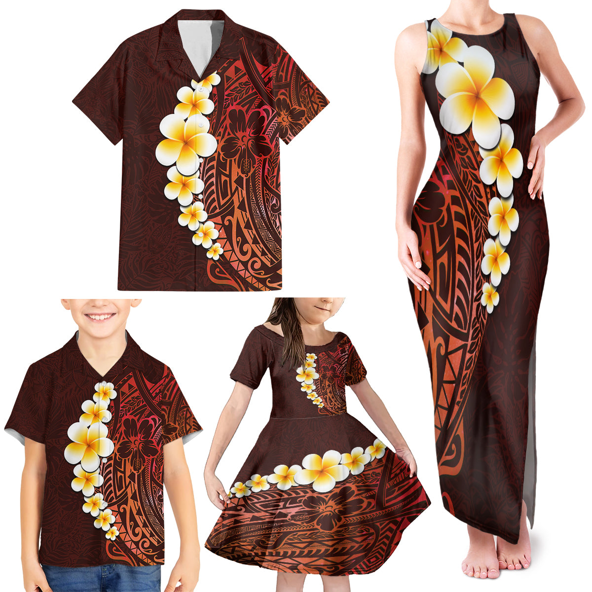 Red Tropical Plumeria With Galaxy Polynesian Art Family Matching Tank Maxi Dress and Hawaiian Shirt - Wonder Print Shop