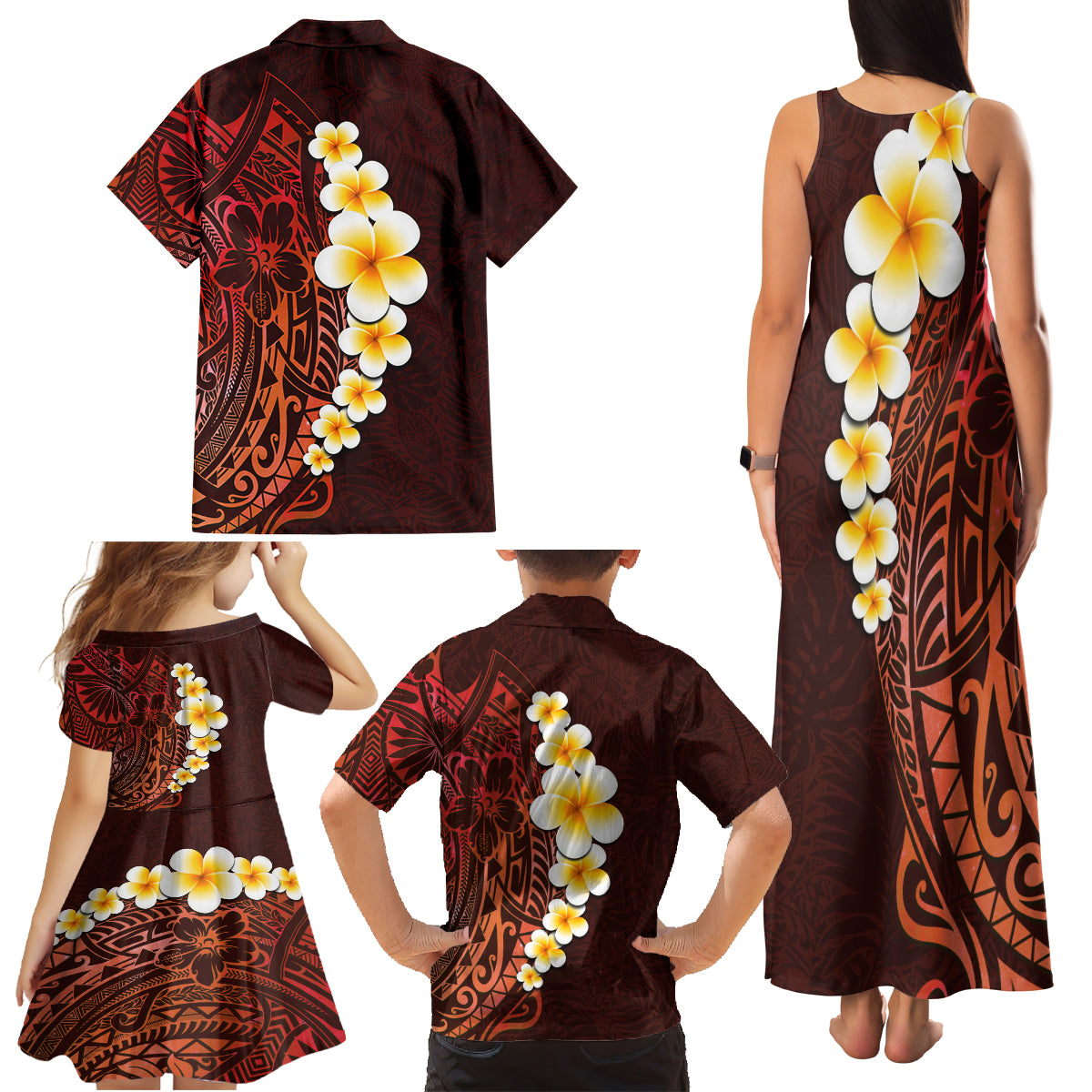 Red Tropical Plumeria With Galaxy Polynesian Art Family Matching Tank Maxi Dress and Hawaiian Shirt - Wonder Print Shop