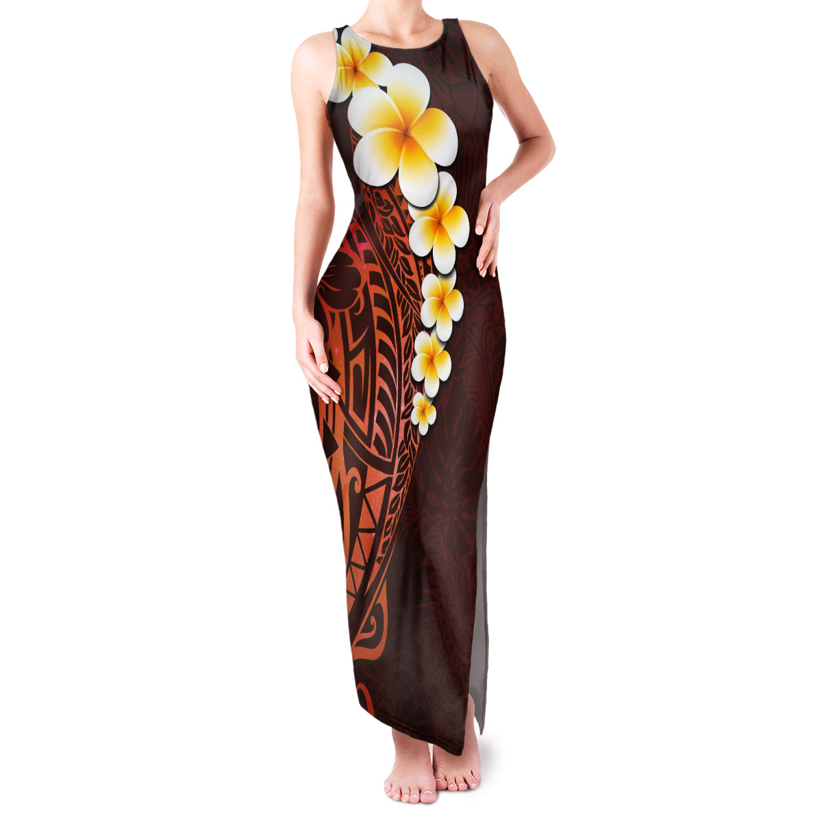 Red Tropical Plumeria With Galaxy Polynesian Art Family Matching Tank Maxi Dress and Hawaiian Shirt - Wonder Print Shop