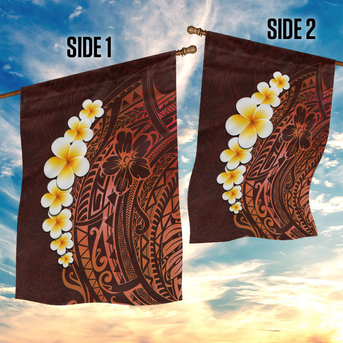 Red Tropical Plumeria With Galaxy Polynesian Art Garden Flag - Wonder Print Shop