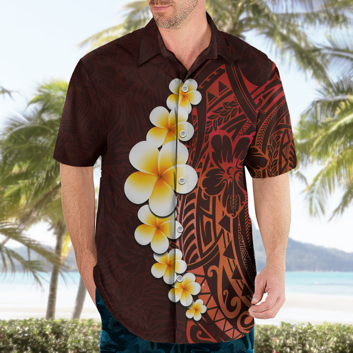 Red Tropical Plumeria With Galaxy Polynesian Art Hawaiian Shirt - Wonder Print Shop