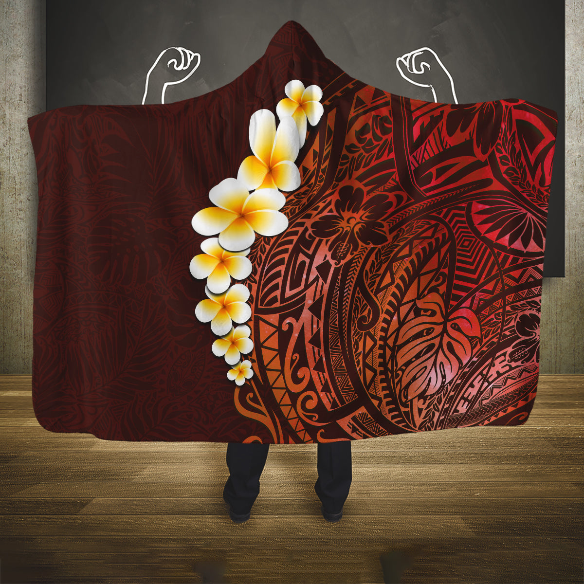red-tropical-plumeria-with-galaxy-polynesian-art-hooded-blanket
