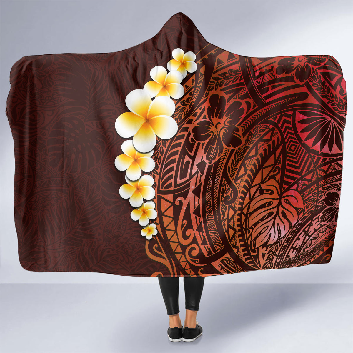 red-tropical-plumeria-with-galaxy-polynesian-art-hooded-blanket