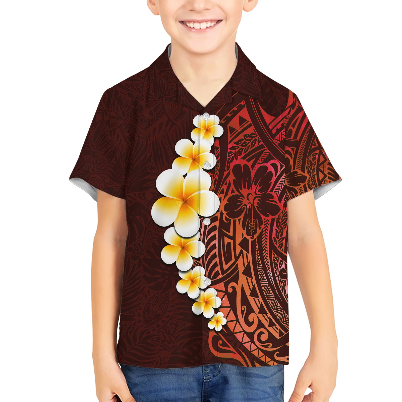 Red Tropical Plumeria With Galaxy Polynesian Art Kid Hawaiian Shirt - Wonder Print Shop