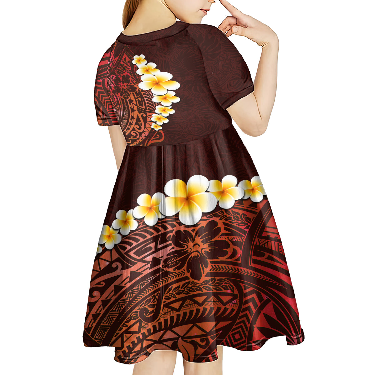 Red Tropical Plumeria With Galaxy Polynesian Art Kid Short Sleeve Dress - Wonder Print Shop