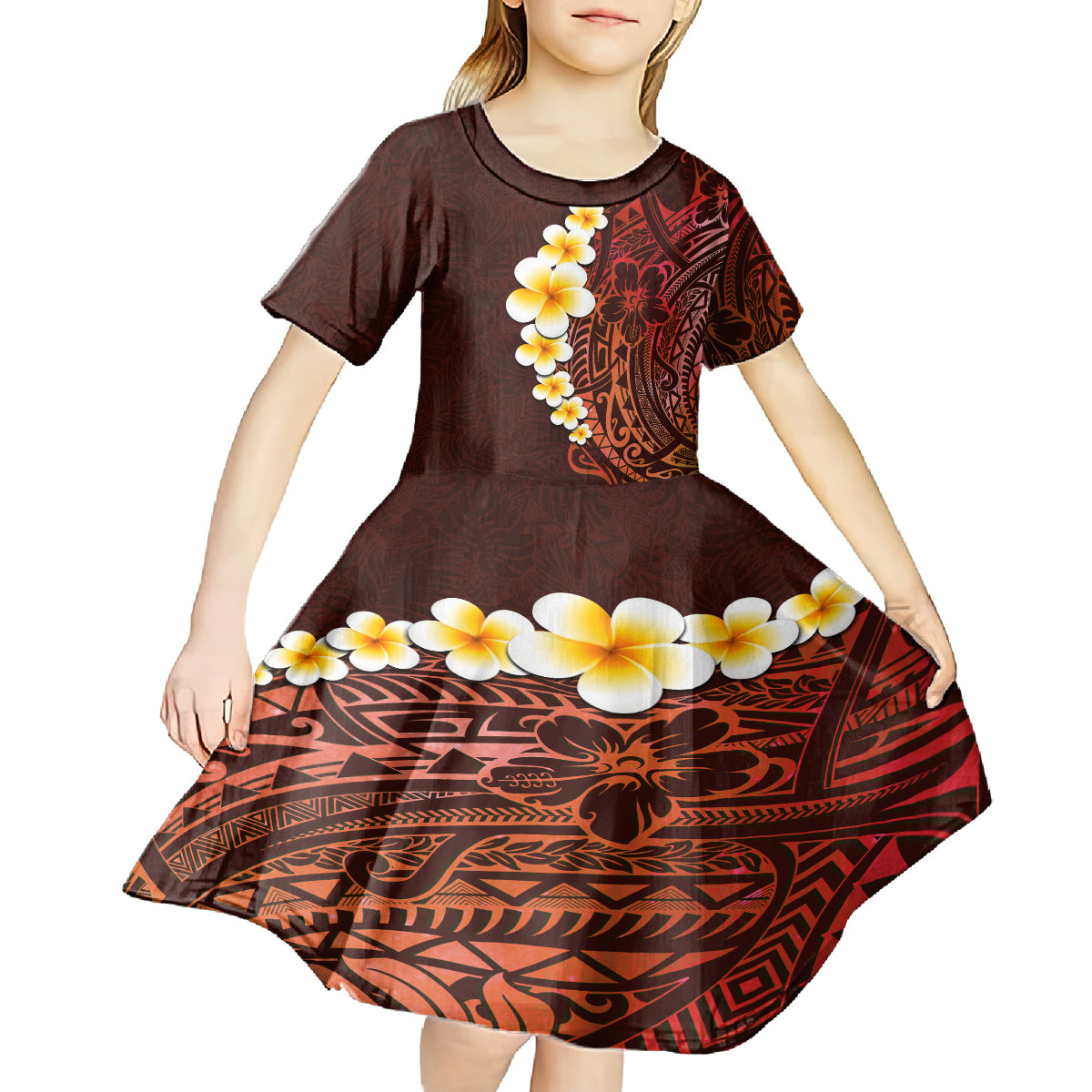 Red Tropical Plumeria With Galaxy Polynesian Art Kid Short Sleeve Dress - Wonder Print Shop