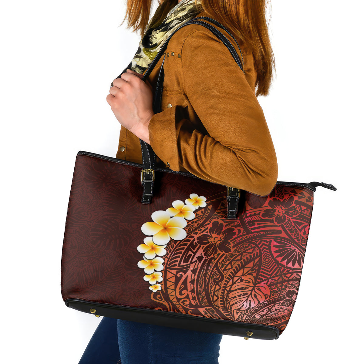 Red Tropical Plumeria With Galaxy Polynesian Art Leather Tote Bag - Wonder Print Shop