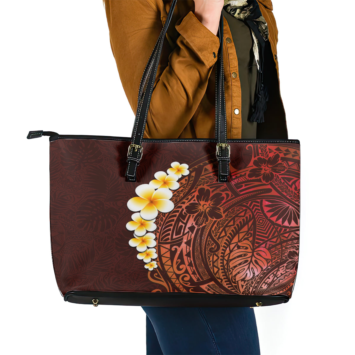 Red Tropical Plumeria With Galaxy Polynesian Art Leather Tote Bag - Wonder Print Shop