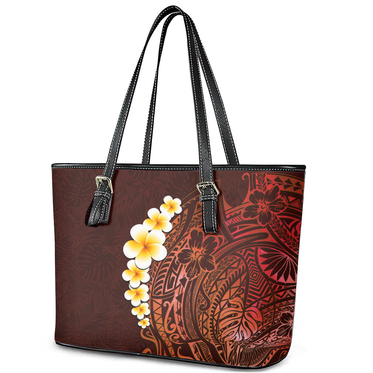 Red Tropical Plumeria With Galaxy Polynesian Art Leather Tote Bag - Wonder Print Shop