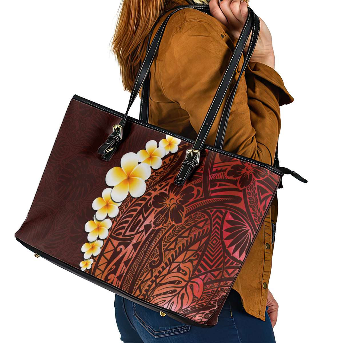 Red Tropical Plumeria With Galaxy Polynesian Art Leather Tote Bag - Wonder Print Shop