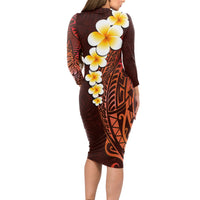 Red Tropical Plumeria With Galaxy Polynesian Art Long Sleeve Bodycon Dress - Wonder Print Shop