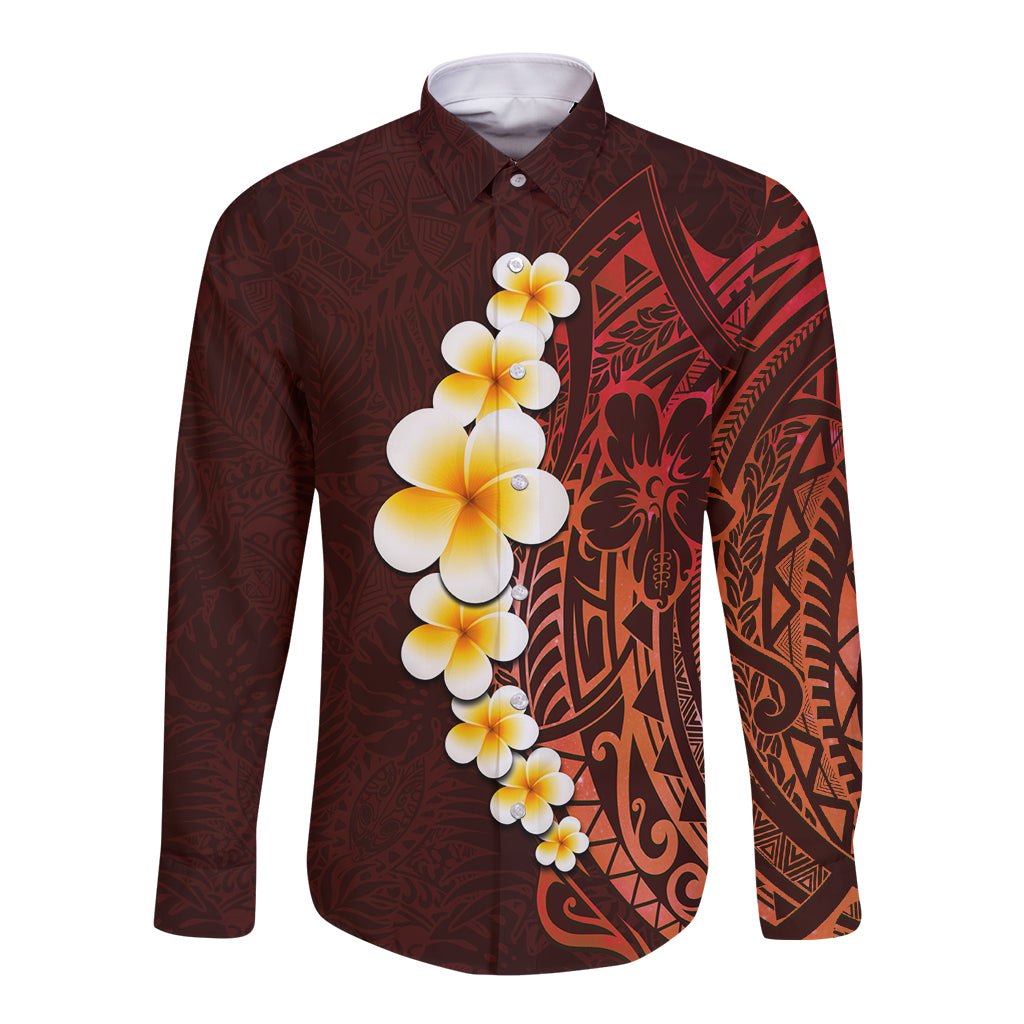 Red Tropical Plumeria With Galaxy Polynesian Art Long Sleeve Button Shirt - Wonder Print Shop