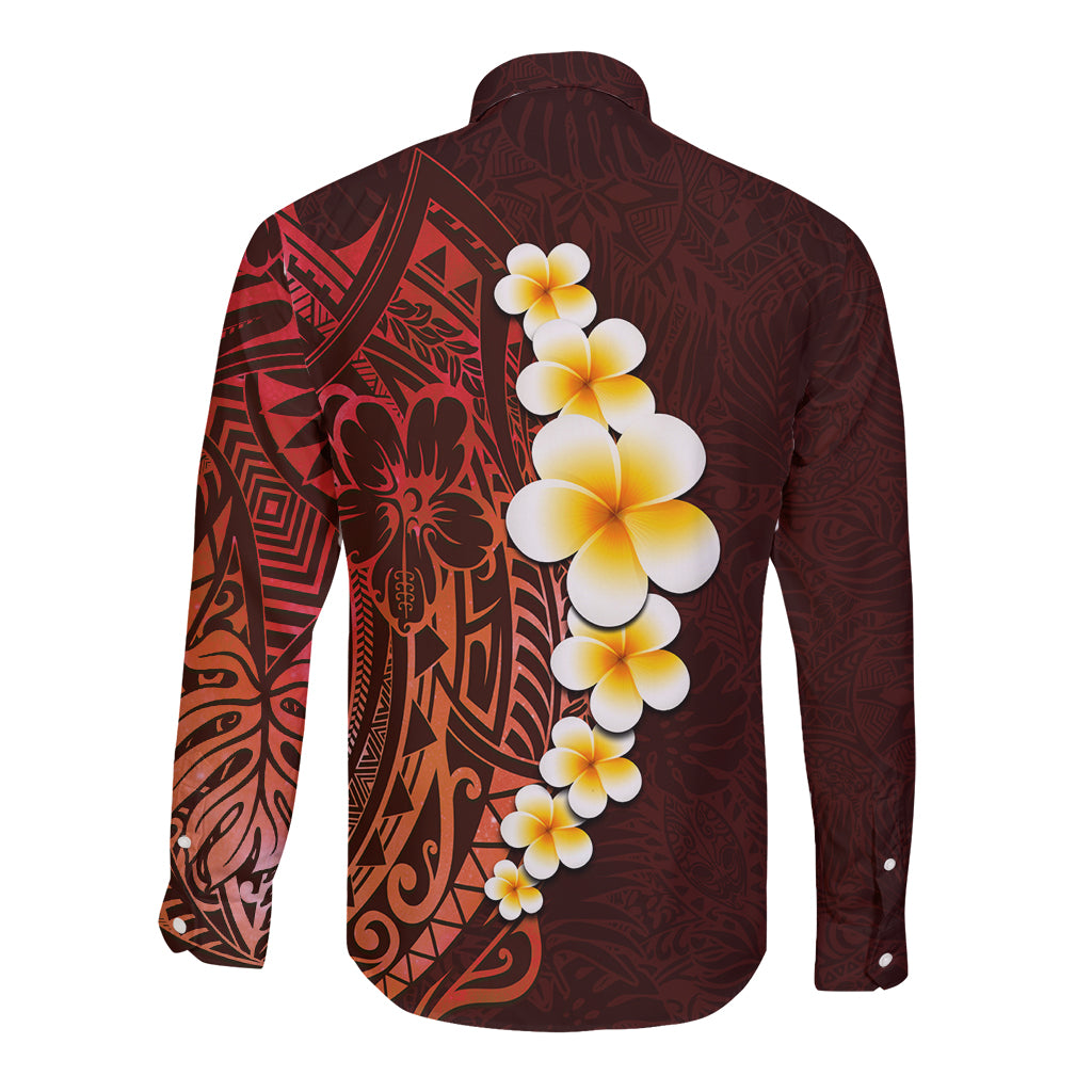 Red Tropical Plumeria With Galaxy Polynesian Art Long Sleeve Button Shirt - Wonder Print Shop
