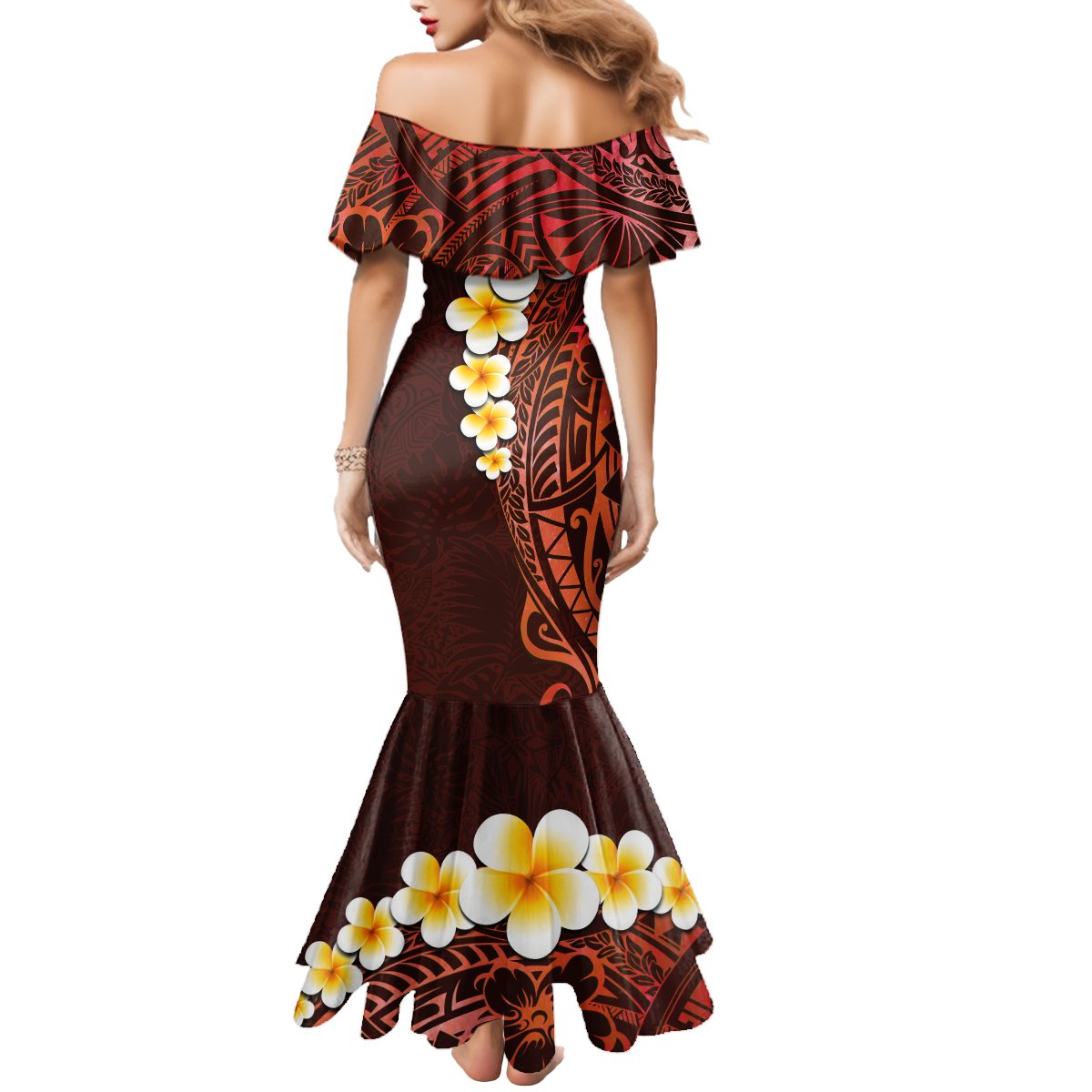 Red Tropical Plumeria With Galaxy Polynesian Art Mermaid Dress - Wonder Print Shop