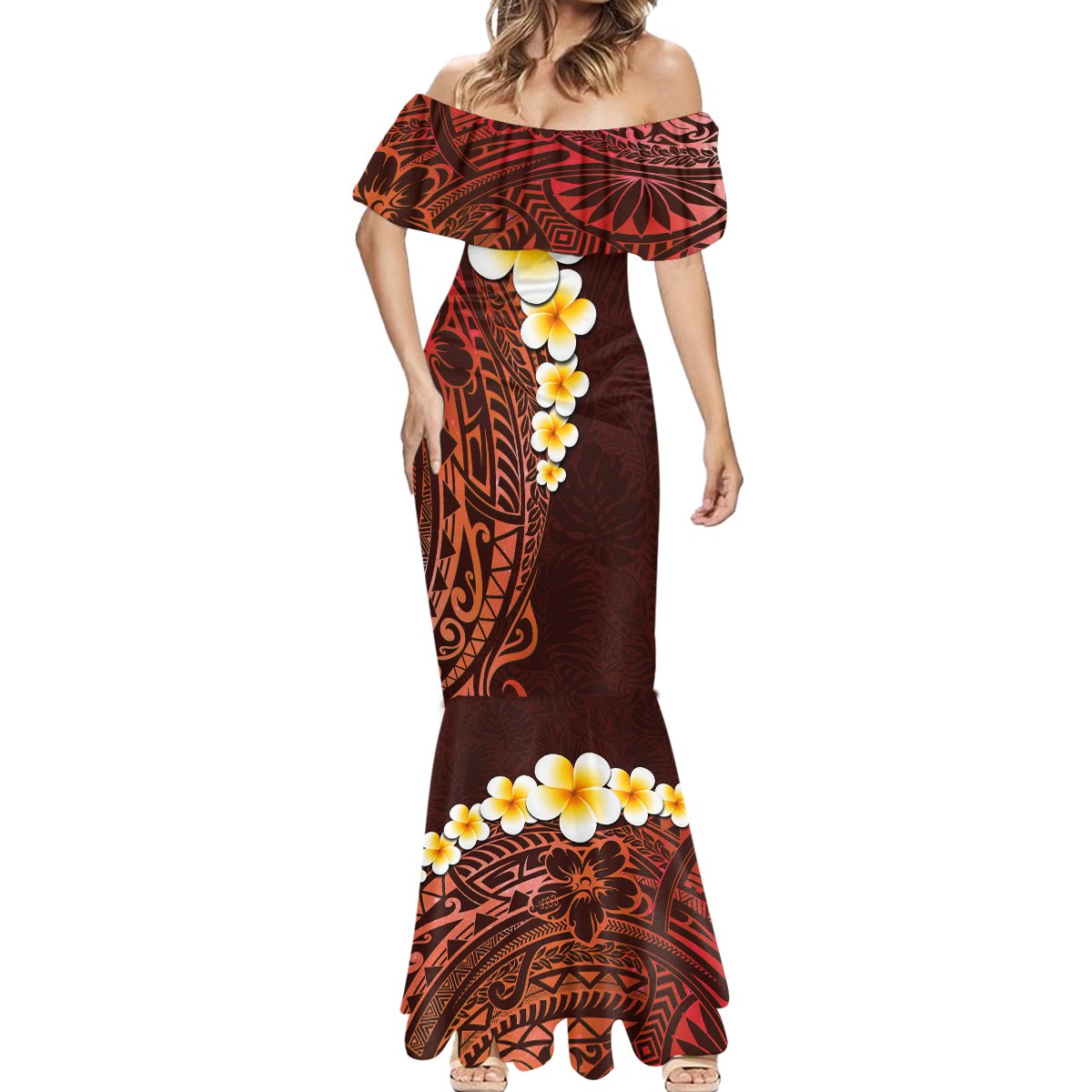 Red Tropical Plumeria With Galaxy Polynesian Art Mermaid Dress - Wonder Print Shop