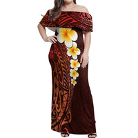 Red Tropical Plumeria With Galaxy Polynesian Art Off Shoulder Maxi Dress - Wonder Print Shop