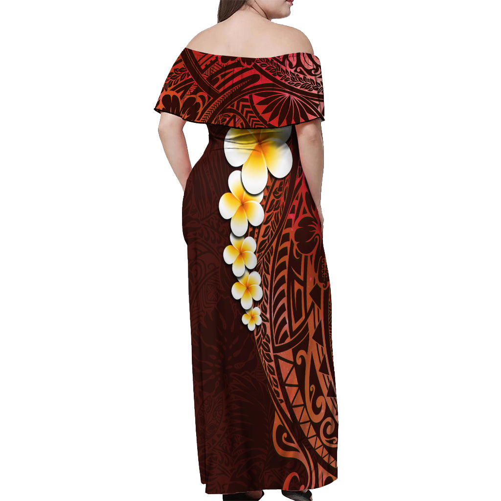 Red Tropical Plumeria With Galaxy Polynesian Art Off Shoulder Maxi Dress - Wonder Print Shop