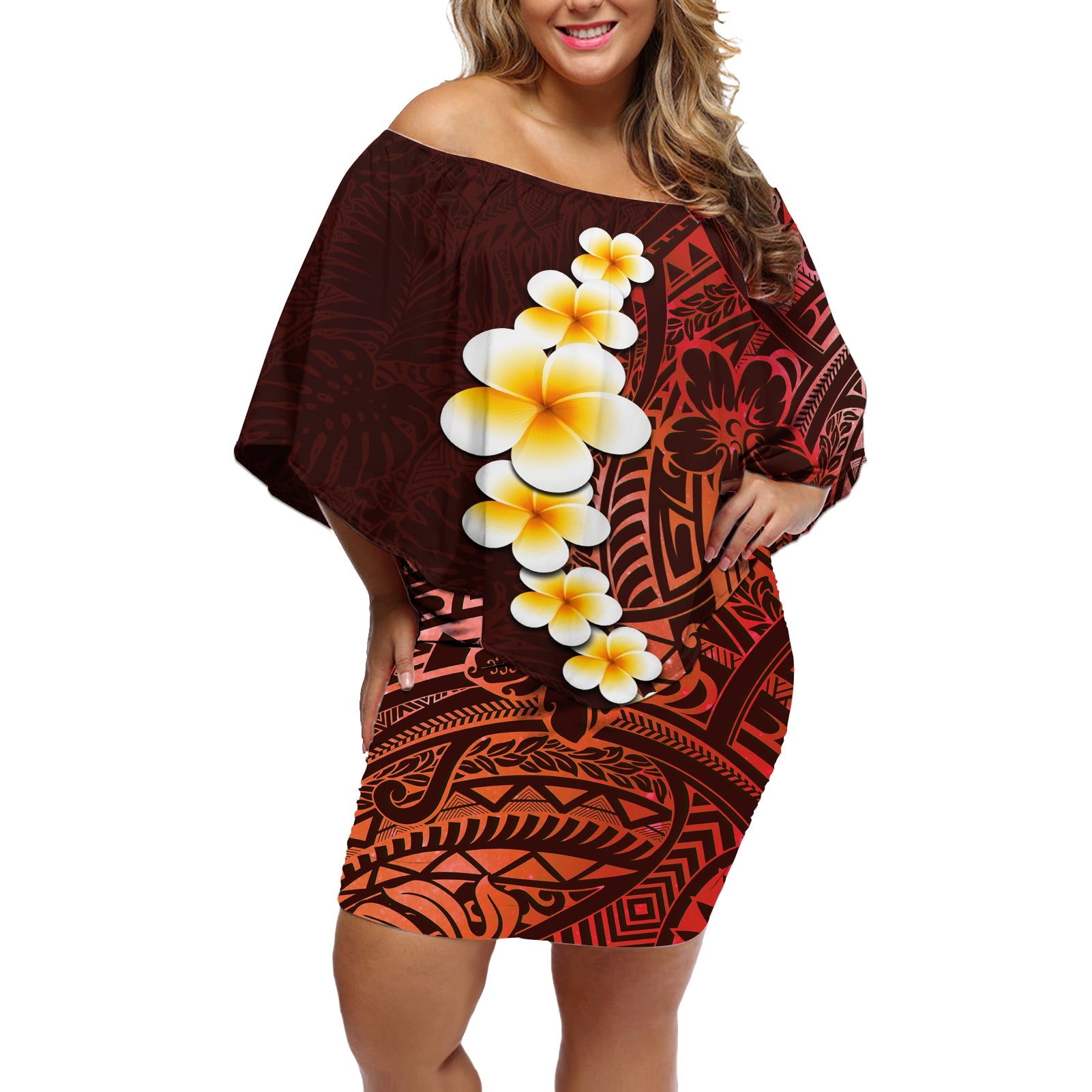 Red Tropical Plumeria With Galaxy Polynesian Art Off Shoulder Short Dress - Wonder Print Shop