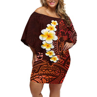 Red Tropical Plumeria With Galaxy Polynesian Art Off Shoulder Short Dress - Wonder Print Shop