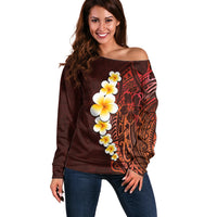 Red Tropical Plumeria With Galaxy Polynesian Art Off Shoulder Sweater - Wonder Print Shop