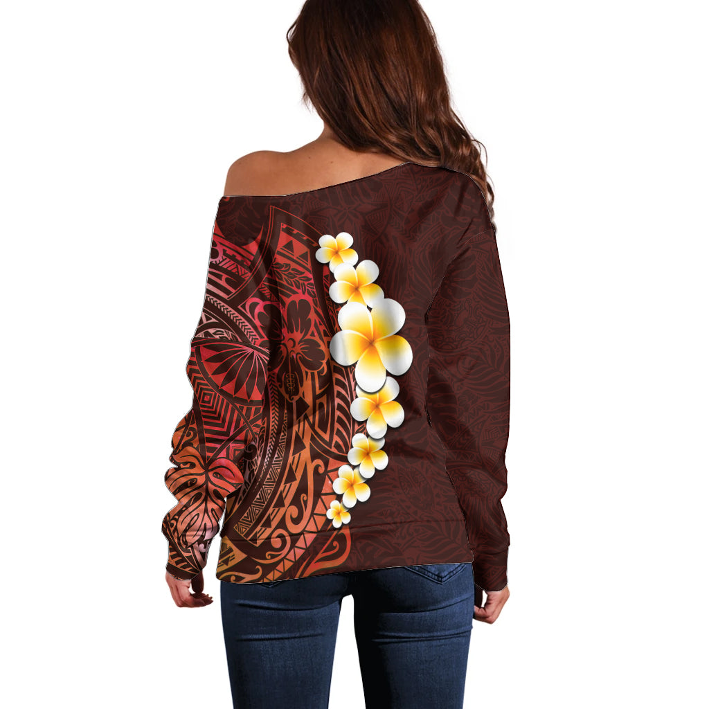 Red Tropical Plumeria With Galaxy Polynesian Art Off Shoulder Sweater - Wonder Print Shop