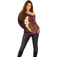 Red Tropical Plumeria With Galaxy Polynesian Art Off Shoulder Sweater - Wonder Print Shop
