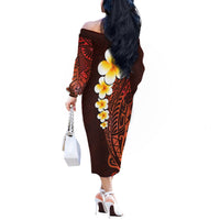 Red Tropical Plumeria With Galaxy Polynesian Art Off The Shoulder Long Sleeve Dress - Wonder Print Shop