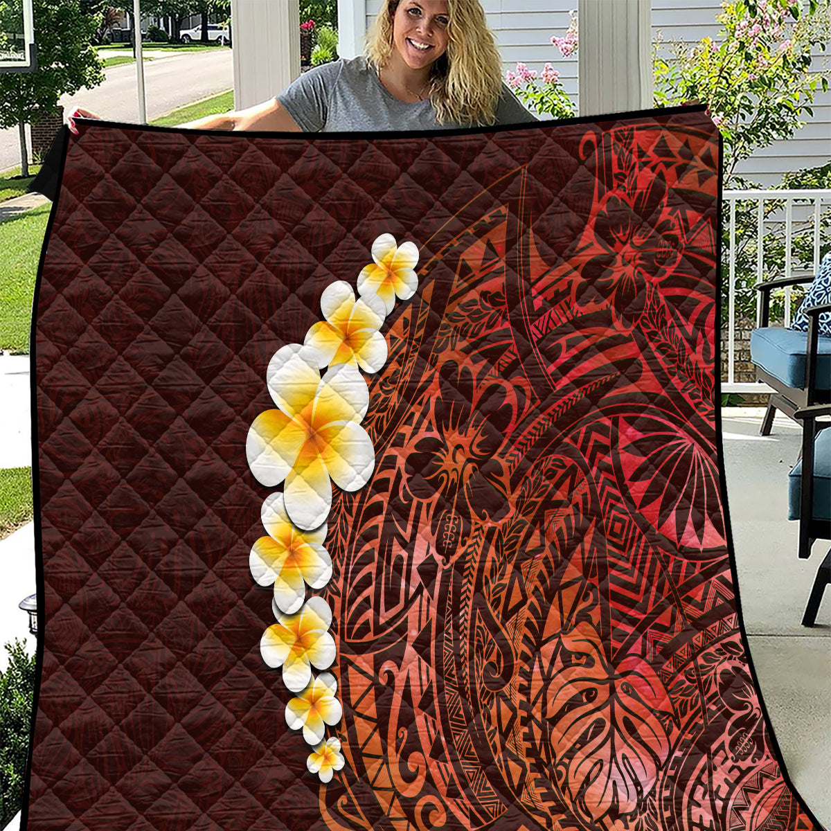 Red Tropical Plumeria With Galaxy Polynesian Art Quilt - Wonder Print Shop