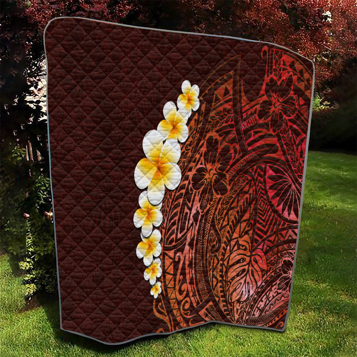 Red Tropical Plumeria With Galaxy Polynesian Art Quilt - Wonder Print Shop