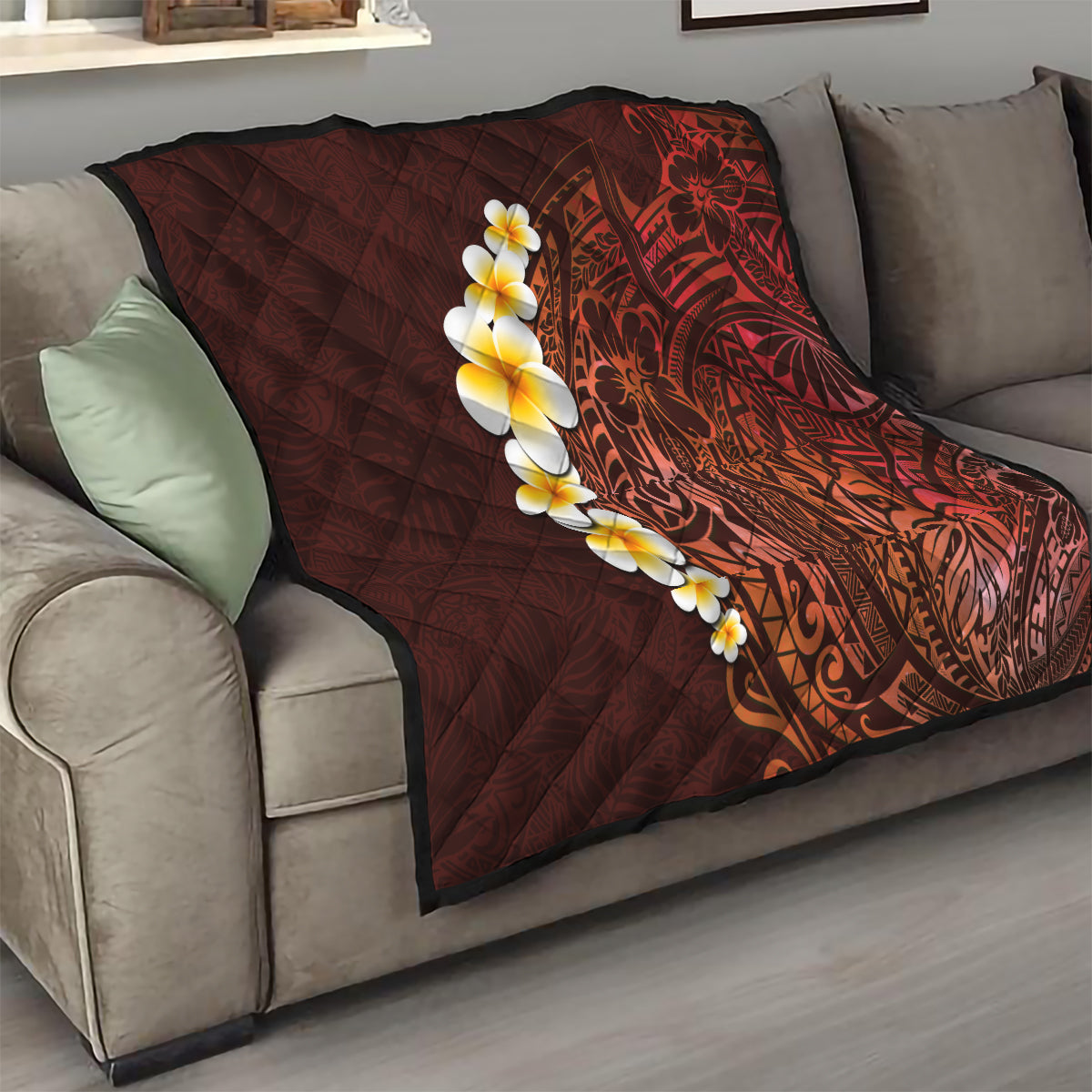 Red Tropical Plumeria With Galaxy Polynesian Art Quilt - Wonder Print Shop