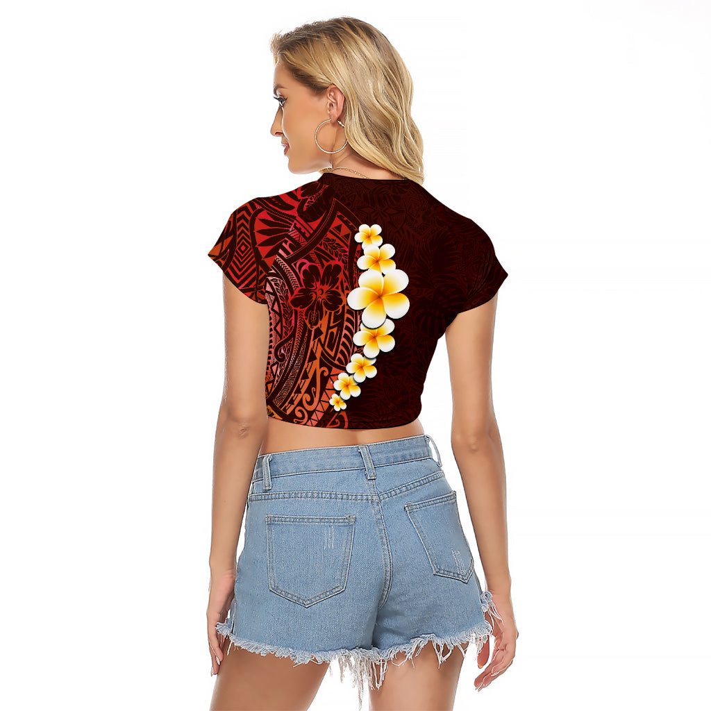 Red Tropical Plumeria With Galaxy Polynesian Art Raglan Cropped T Shirt - Wonder Print Shop