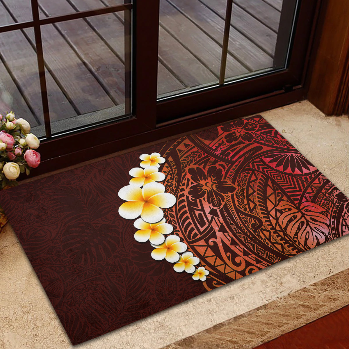 Red Tropical Plumeria With Galaxy Polynesian Art Rubber Doormat - Wonder Print Shop