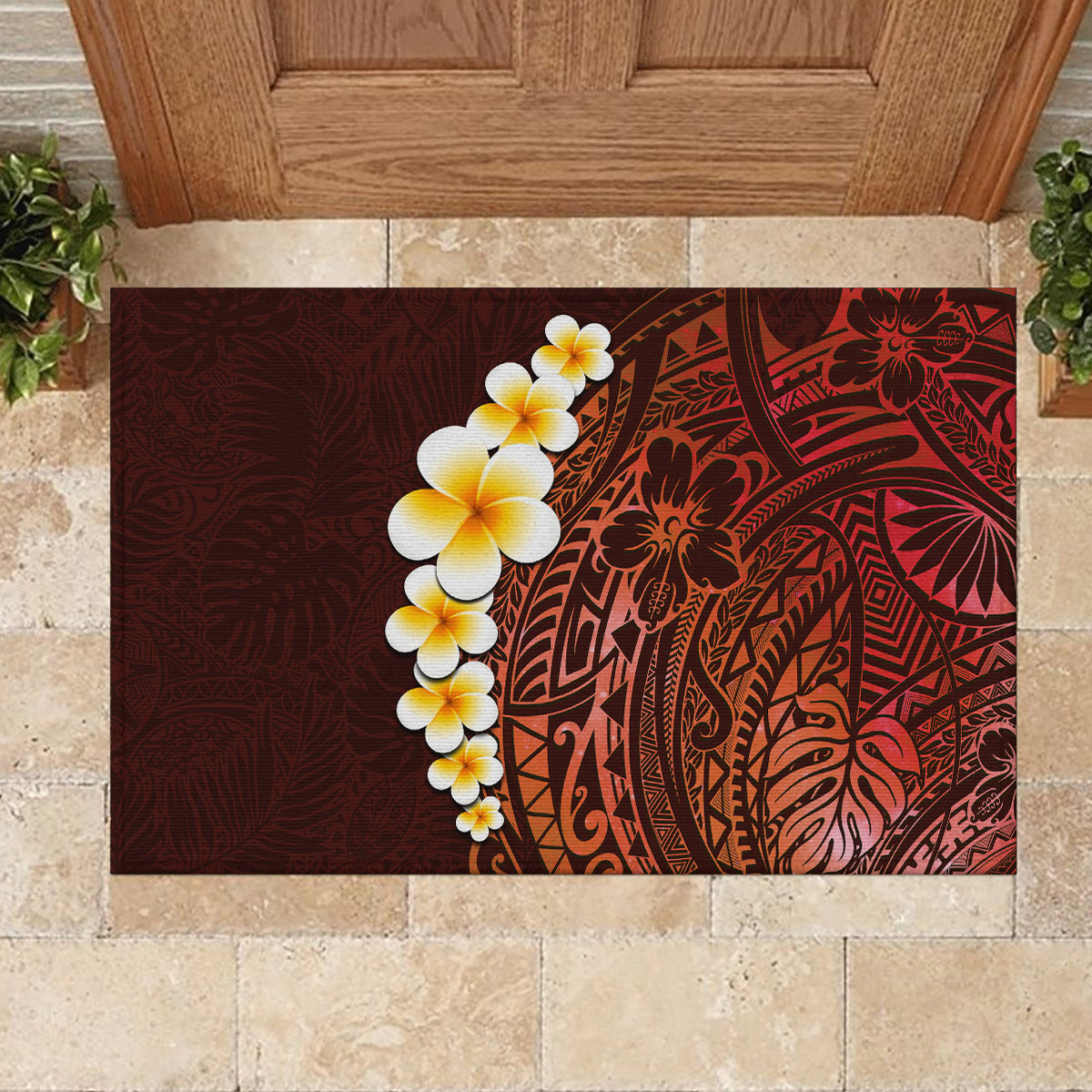 Red Tropical Plumeria With Galaxy Polynesian Art Rubber Doormat - Wonder Print Shop
