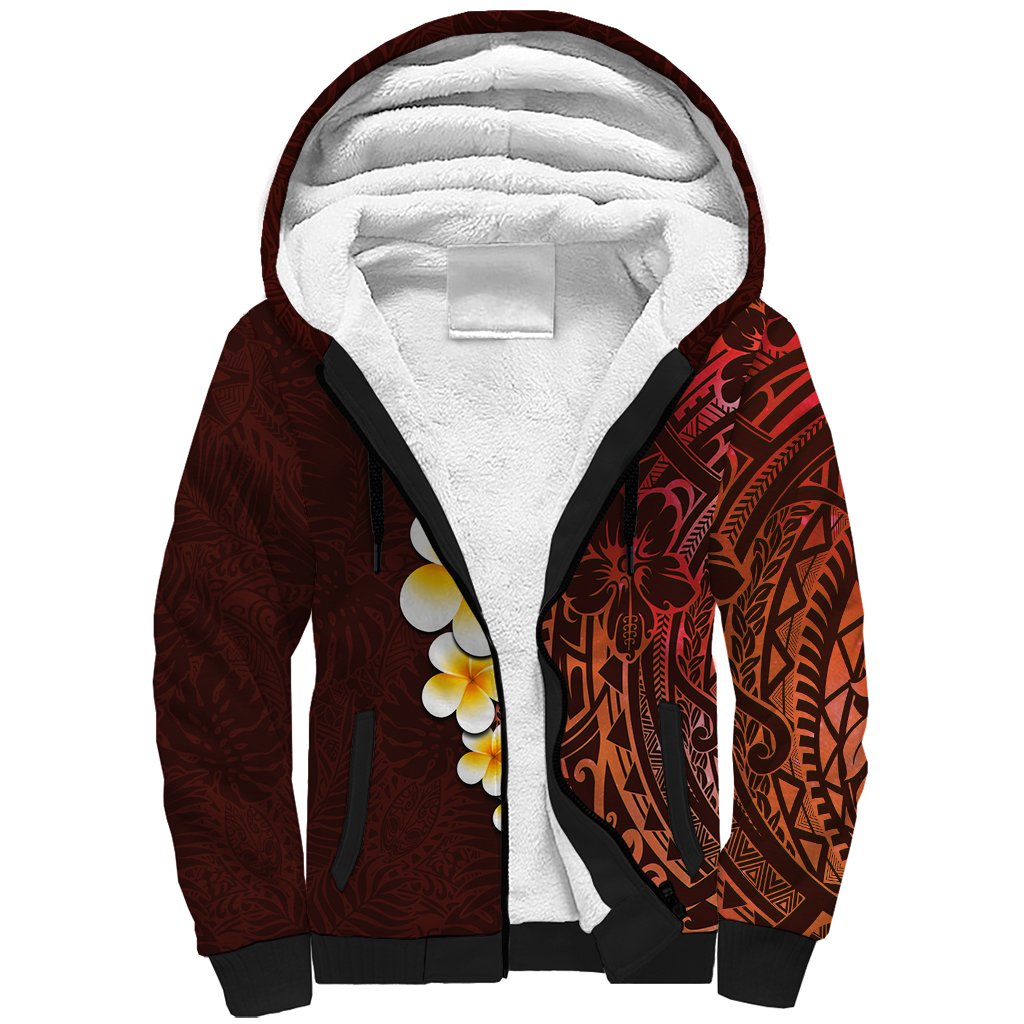 Red Tropical Plumeria With Galaxy Polynesian Art Sherpa Hoodie - Wonder Print Shop