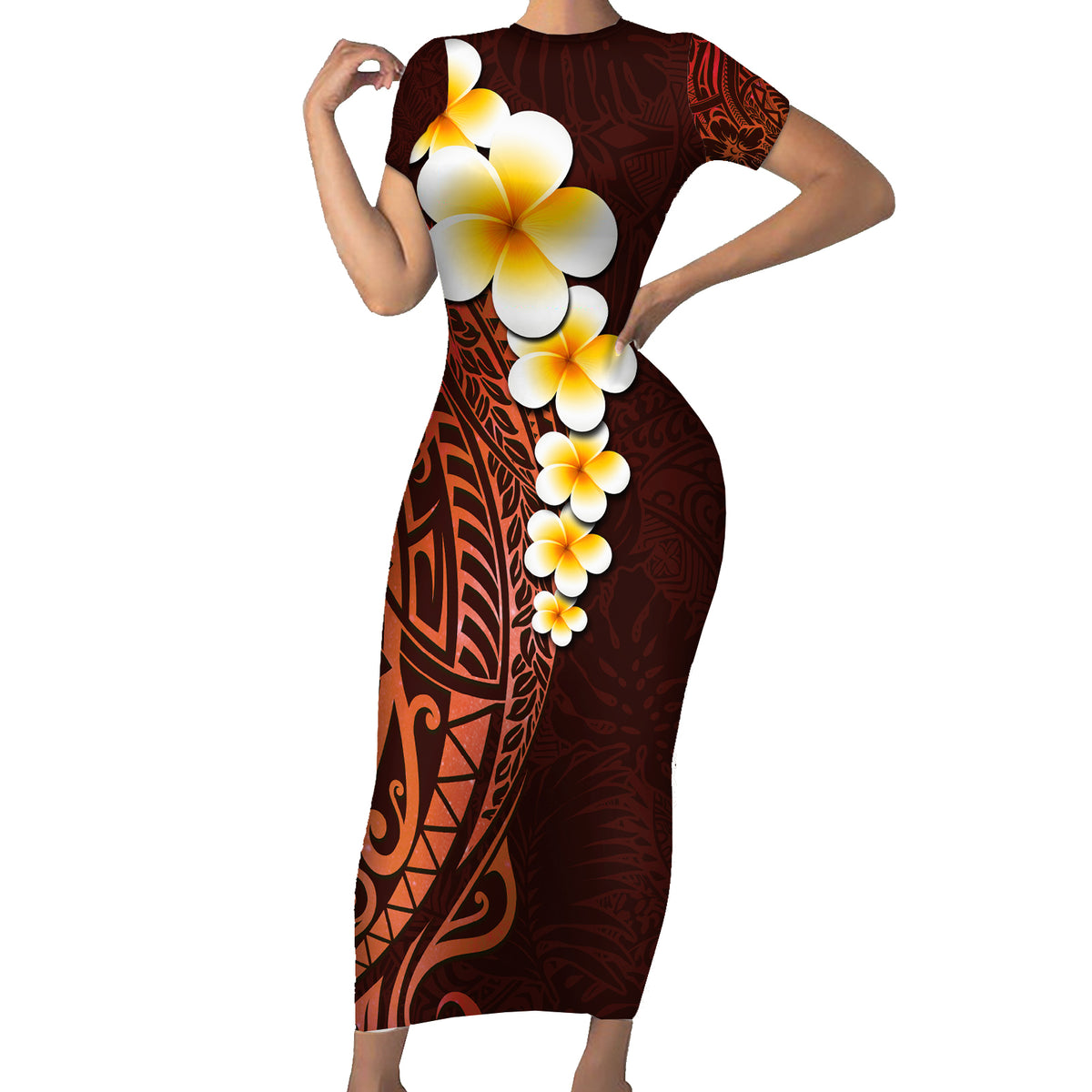 Red Tropical Plumeria With Galaxy Polynesian Art Short Sleeve Bodycon Dress - Wonder Print Shop