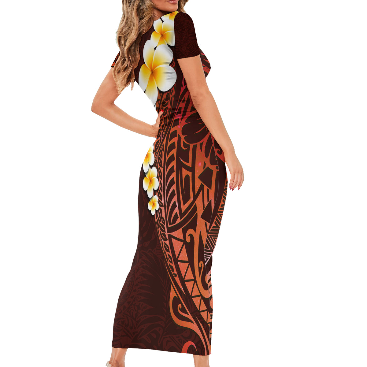 Red Tropical Plumeria With Galaxy Polynesian Art Short Sleeve Bodycon Dress - Wonder Print Shop