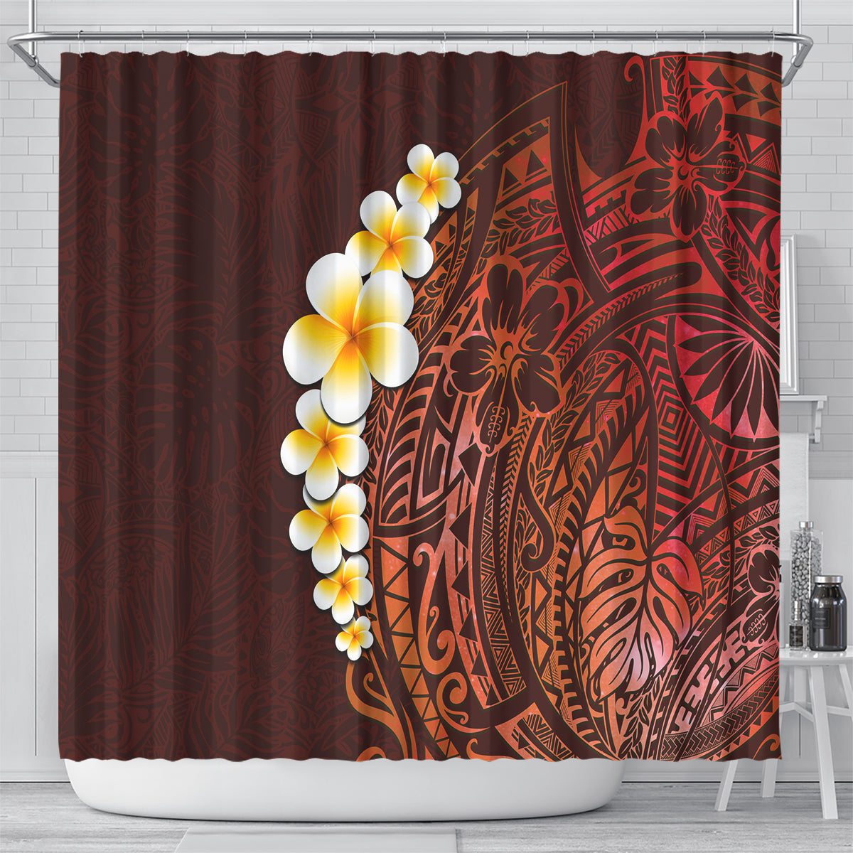 red-tropical-plumeria-with-galaxy-polynesian-art-shower-curtain