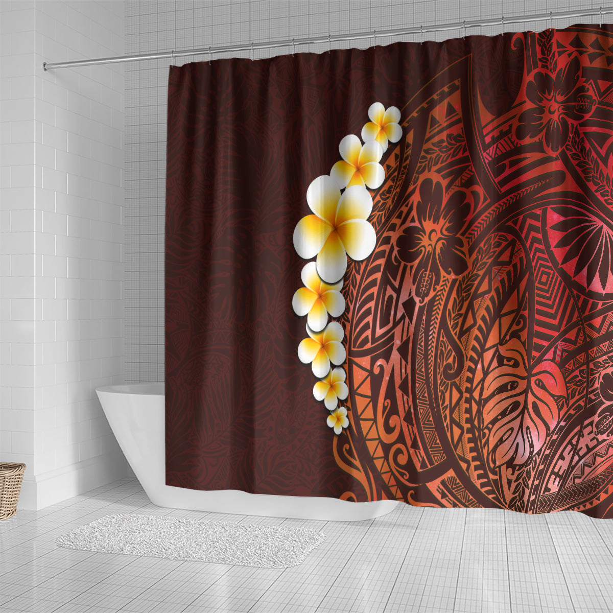 red-tropical-plumeria-with-galaxy-polynesian-art-shower-curtain