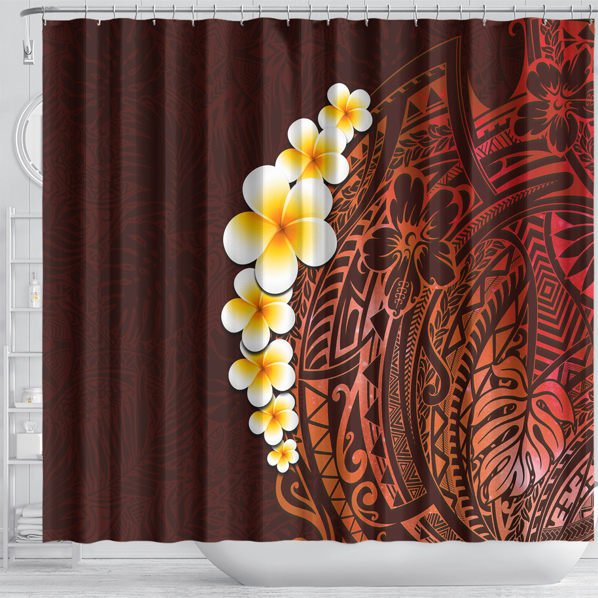 red-tropical-plumeria-with-galaxy-polynesian-art-shower-curtain