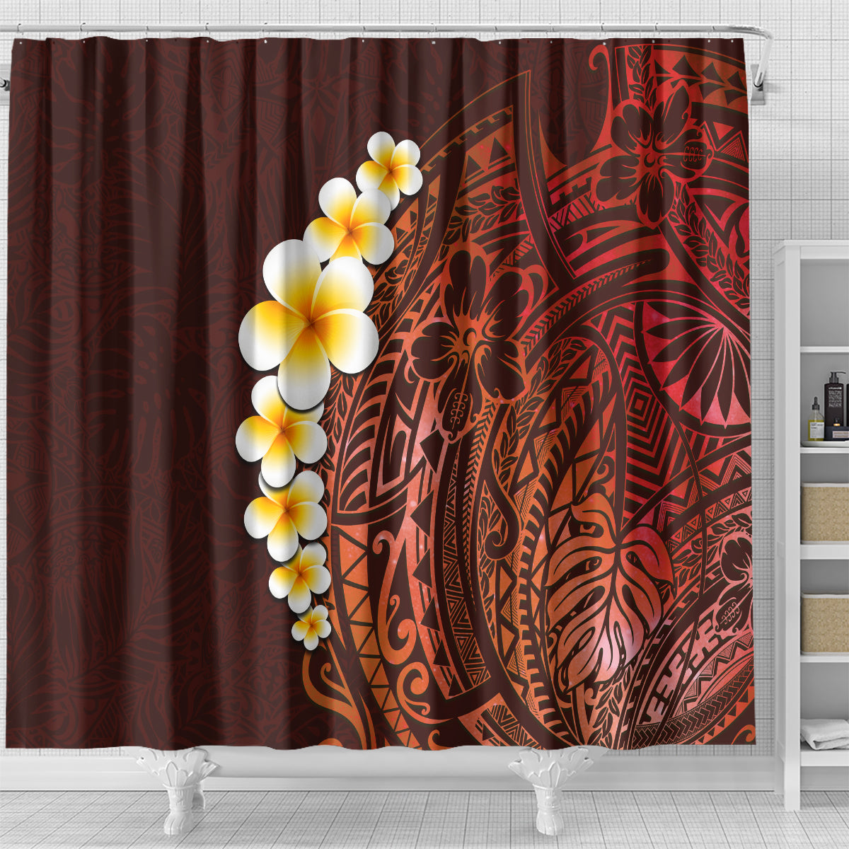 red-tropical-plumeria-with-galaxy-polynesian-art-shower-curtain