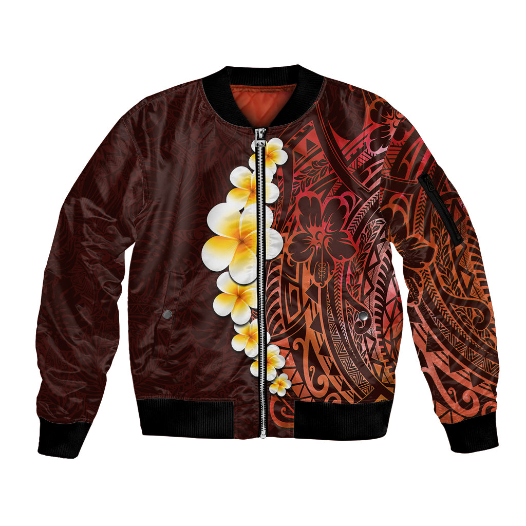 Red Tropical Plumeria With Galaxy Polynesian Art Sleeve Zip Bomber Jacket - Wonder Print Shop