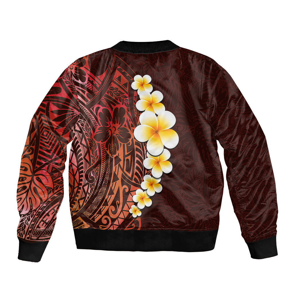 Red Tropical Plumeria With Galaxy Polynesian Art Sleeve Zip Bomber Jacket - Wonder Print Shop
