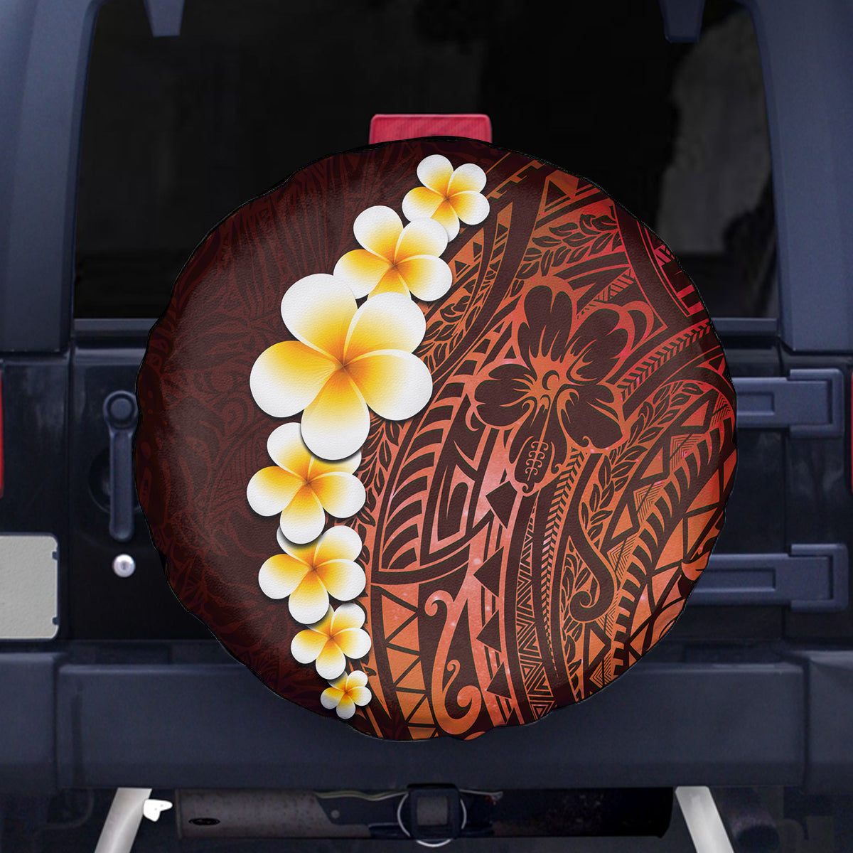Red Tropical Plumeria With Galaxy Polynesian Art Spare Tire Cover - Wonder Print Shop