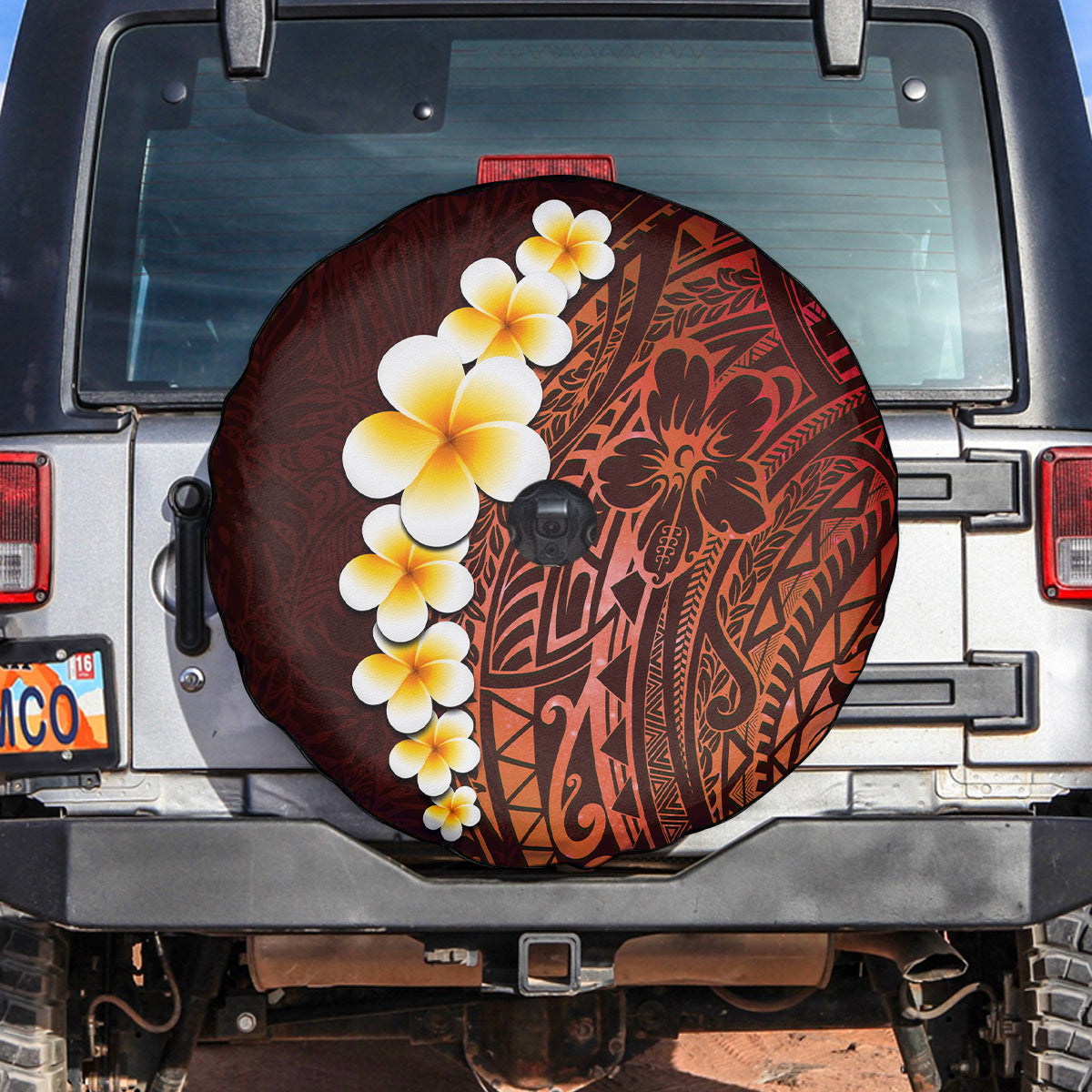Red Tropical Plumeria With Galaxy Polynesian Art Spare Tire Cover - Wonder Print Shop