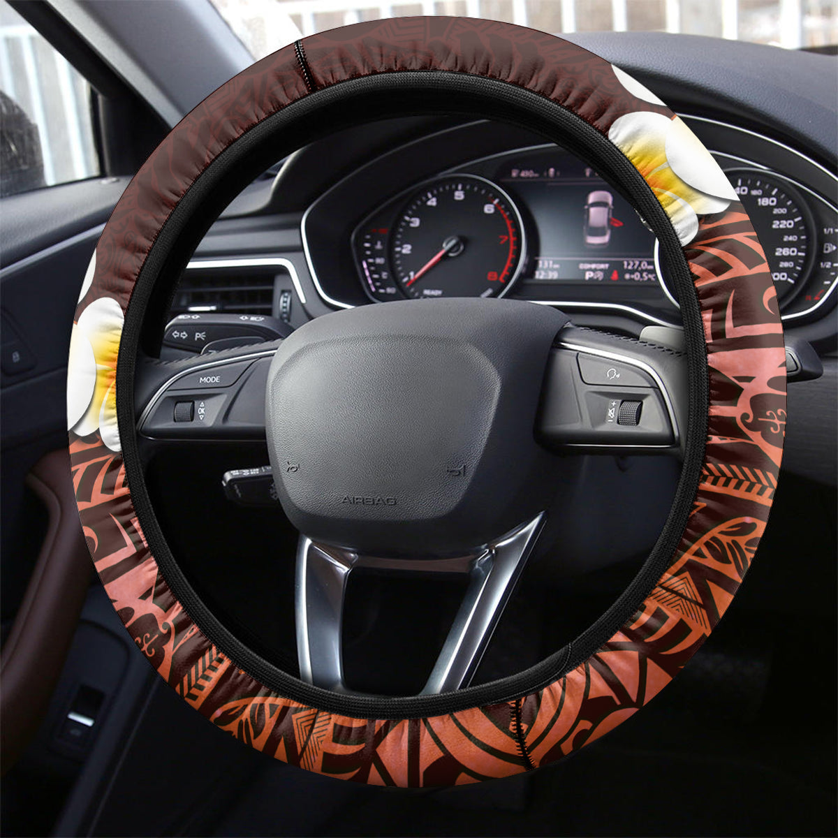 Red Tropical Plumeria With Galaxy Polynesian Art Steering Wheel Cover - Wonder Print Shop