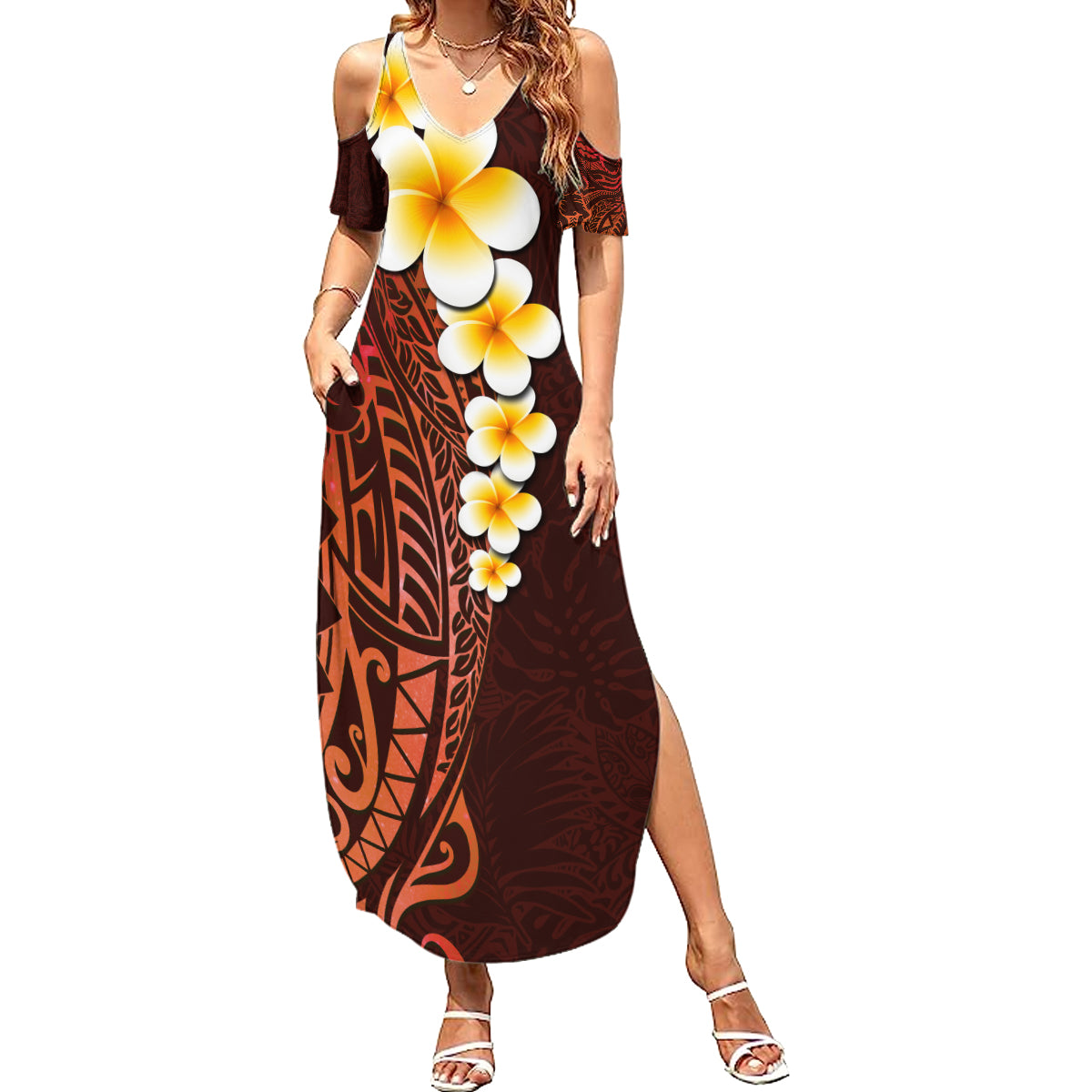 Red Tropical Plumeria With Galaxy Polynesian Art Summer Maxi Dress - Wonder Print Shop