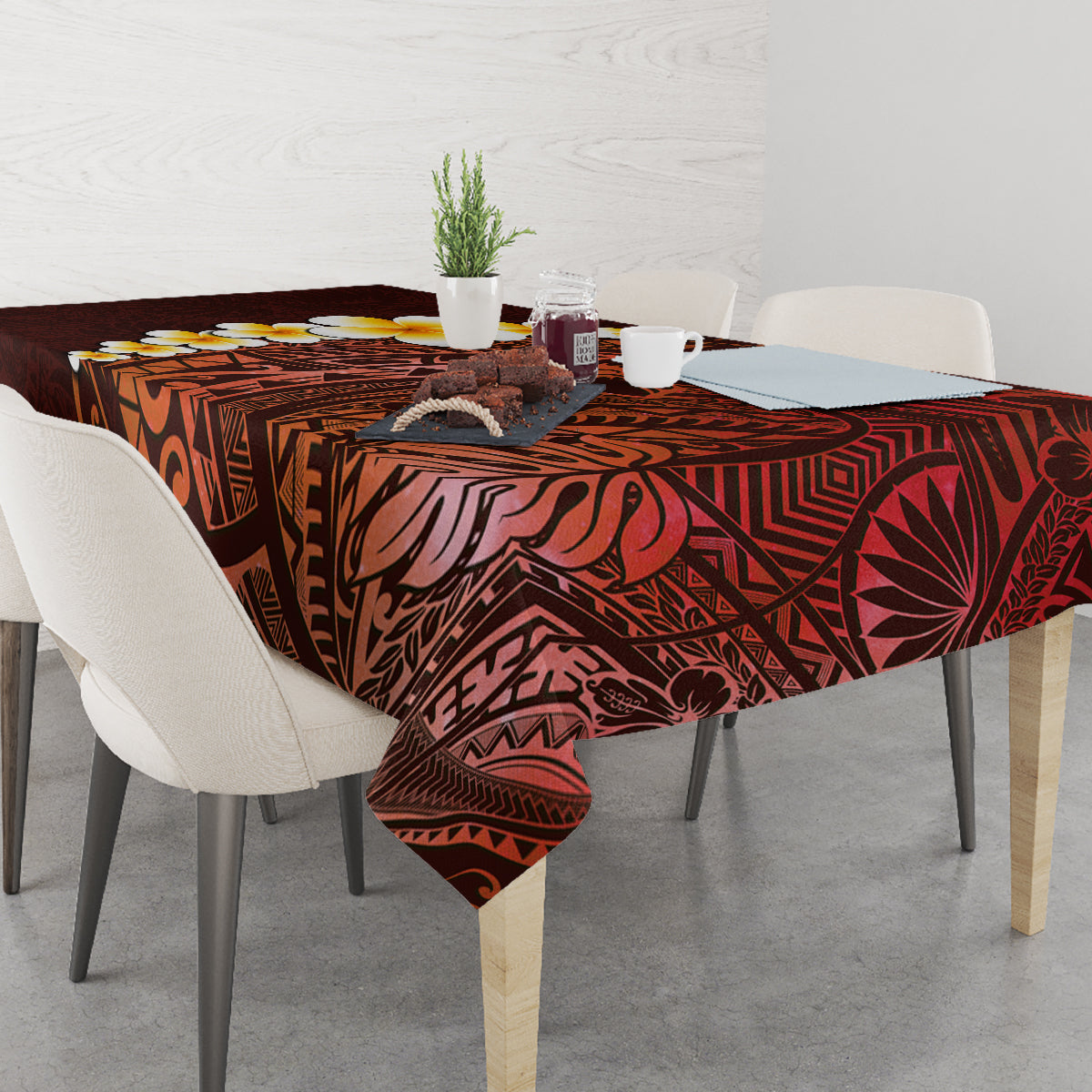 Red Tropical Plumeria With Galaxy Polynesian Art Tablecloth - Wonder Print Shop