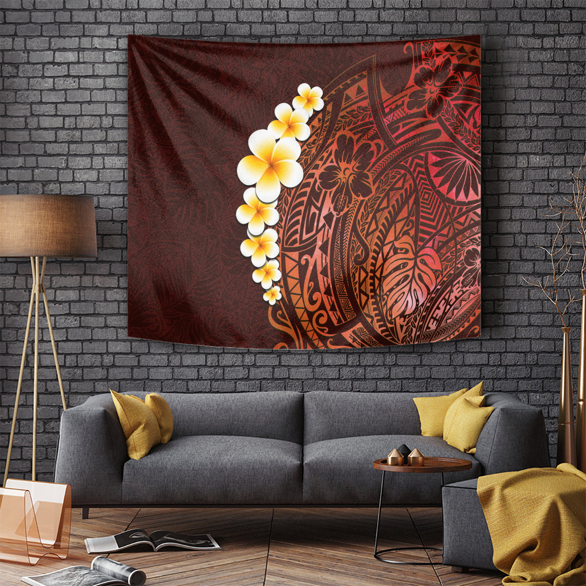 Red Tropical Plumeria With Galaxy Polynesian Art Tapestry - Wonder Print Shop